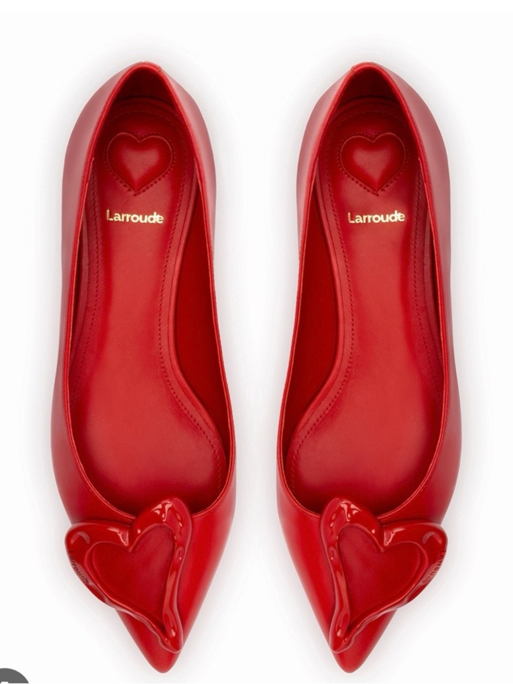 Larroude Red Pointed-Toe Heart Flats (Lee Amore Flat In Scarlet Leather) NWT